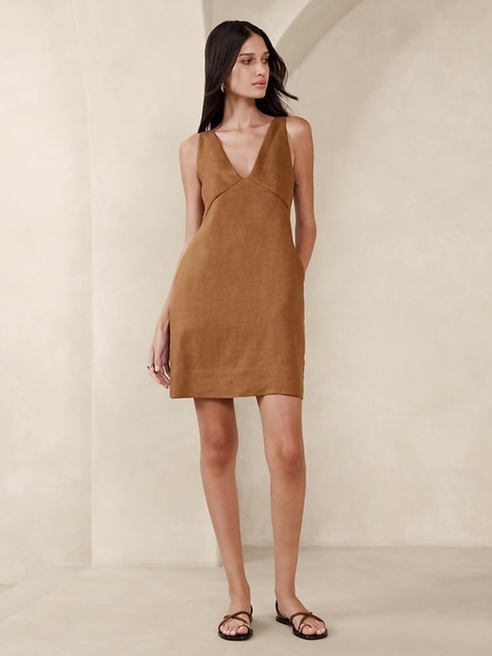 Banana Republic Lina Linen Mini Dress With Pockets in Warm Clay Brown